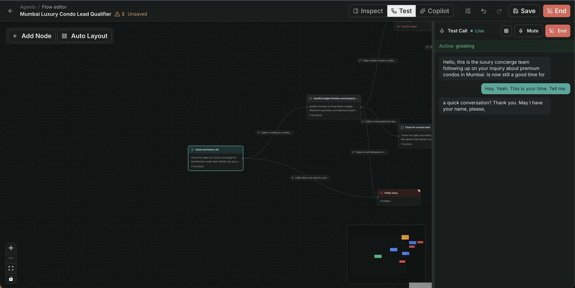 Flow editor showing a lead-qualification agent as a node graph — greet, qualify, then branch to nurture or close — with a live test call running alongside it