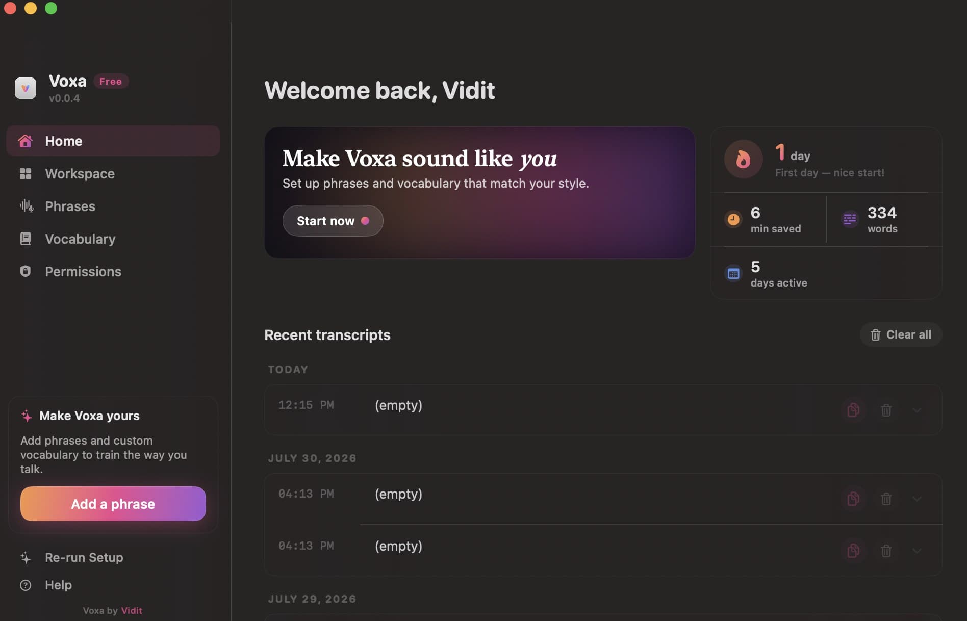 Voxa's home screen: a prompt to set up custom phrases and vocabulary, usage stats for minutes saved and words dictated, and a list of recent transcripts